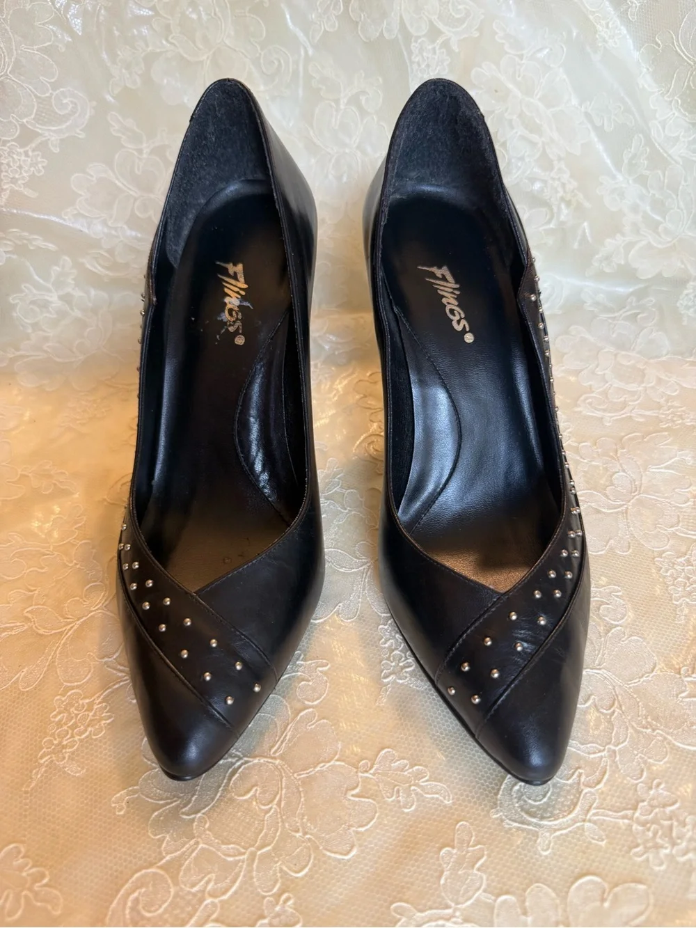 Black Studded Pointed-Toe Women's Vintage Pumps Flings by Kinney
